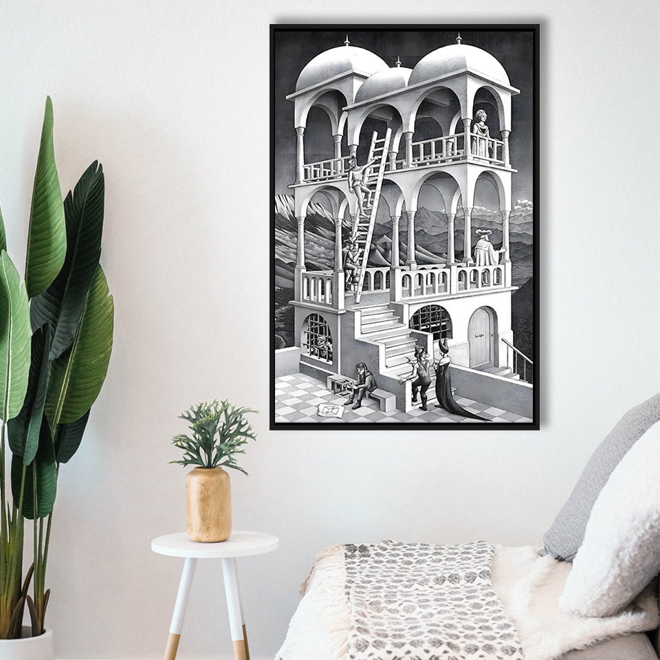 M.C. Escher Belvedere Canvas Wall Art Abstract Contemporary Decor,Framed Canvas Prints Wall Art Decor, Floating Frame