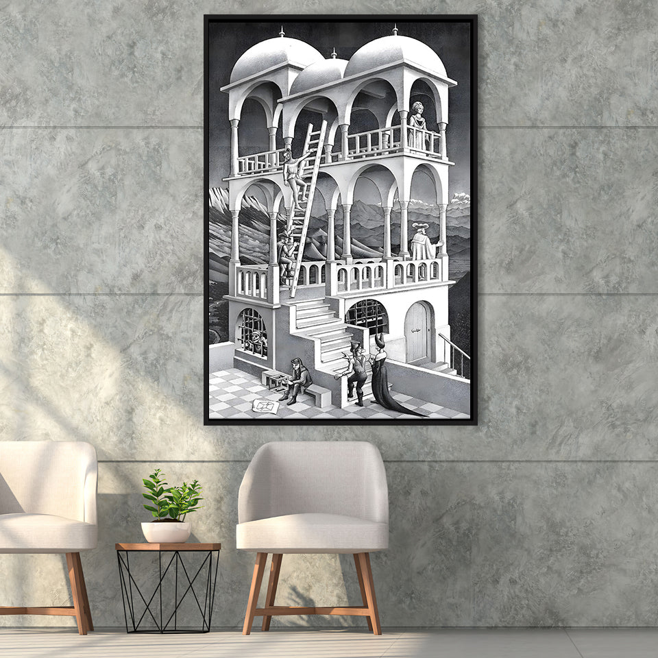 M.C. Escher Belvedere Canvas Wall Art Abstract Contemporary Decor,Framed Canvas Prints Wall Art Decor, Floating Frame