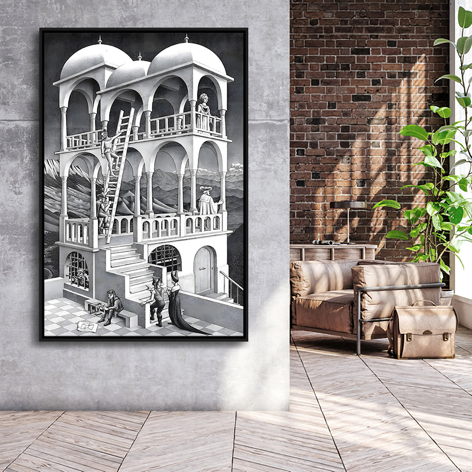 M.C. Escher Belvedere Canvas Wall Art Abstract Contemporary Decor,Framed Canvas Prints Wall Art Decor, Floating Frame