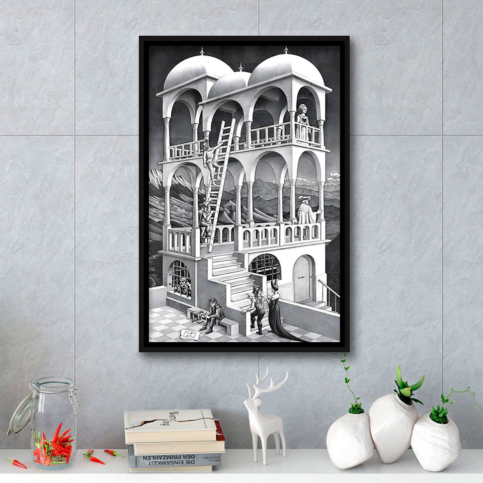 M.C. Escher Belvedere Canvas Wall Art Abstract Contemporary Decor,Framed Canvas Prints Wall Art Decor, Floating Frame