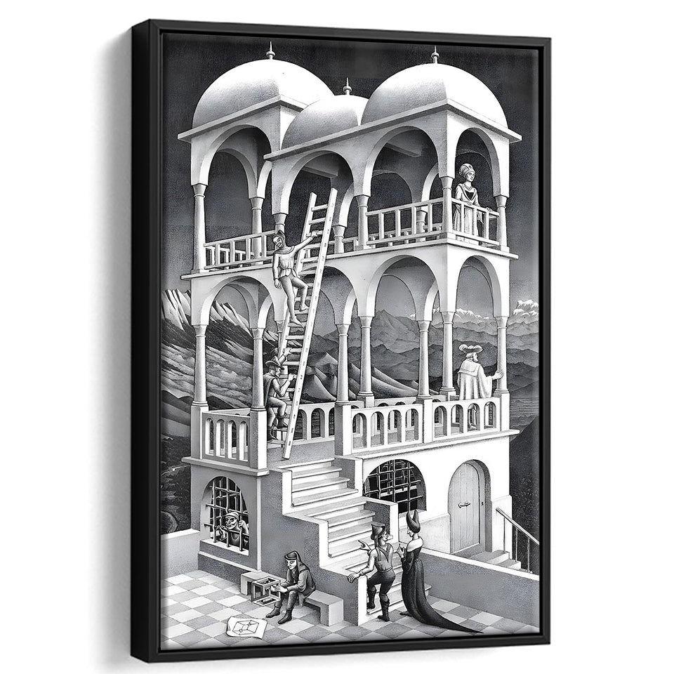 M.C. Escher Belvedere Canvas Wall Art Abstract Contemporary Decor,Framed Canvas Prints Wall Art Decor, Floating Frame