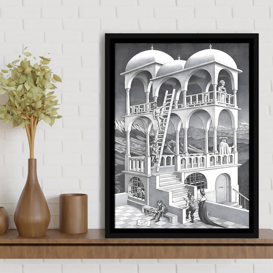 M.C. Escher Belvedere Canvas Wall Art Abstract Contemporary Decor,Framed Canvas Prints Wall Art Decor, Floating Frame