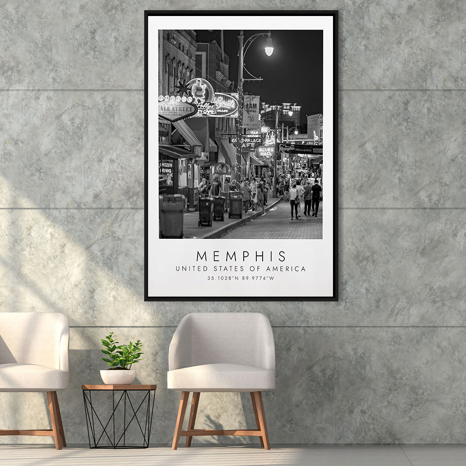Memphis, Usa, Wall Art For Travel Lovers, B&W, Floating Framed Canvas Print