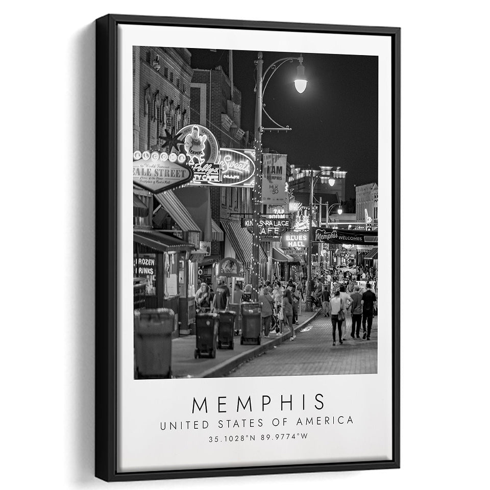 Memphis, Usa, Wall Art For Travel Lovers, B&W, Floating Framed Canvas Print