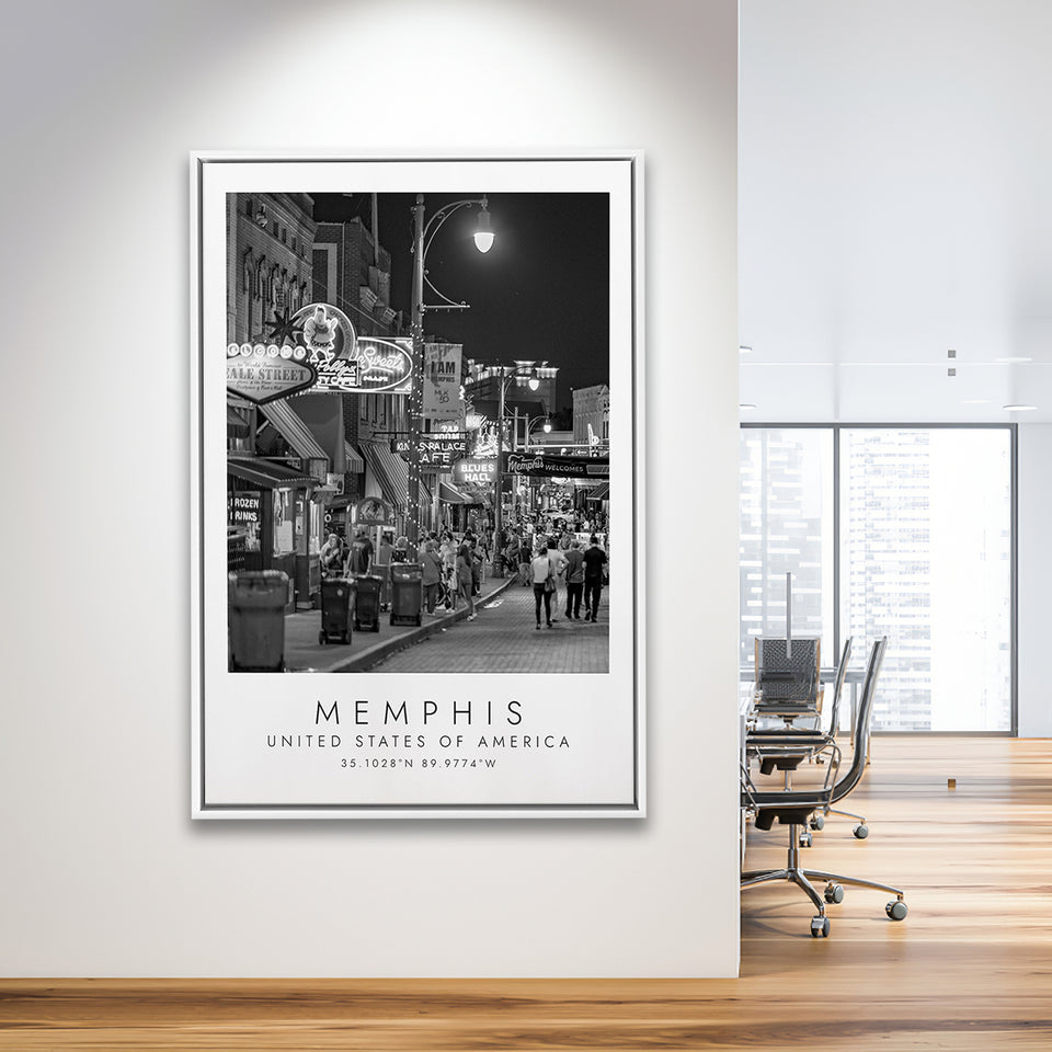 Memphis, Usa, Wall Art For Travel Lovers, B&W, Floating Framed Canvas Print