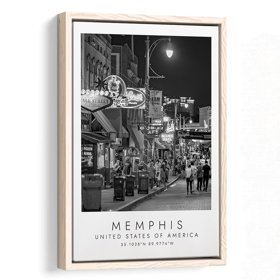 Memphis, Usa, Wall Art For Travel Lovers, B&W, Floating Framed Canvas Print