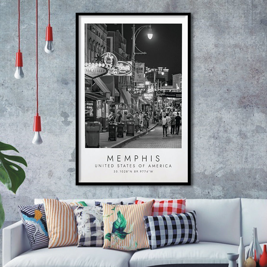 Memphis, Usa, Print For Travel Lovers, Black And White, Framed Art Print Wall Decor