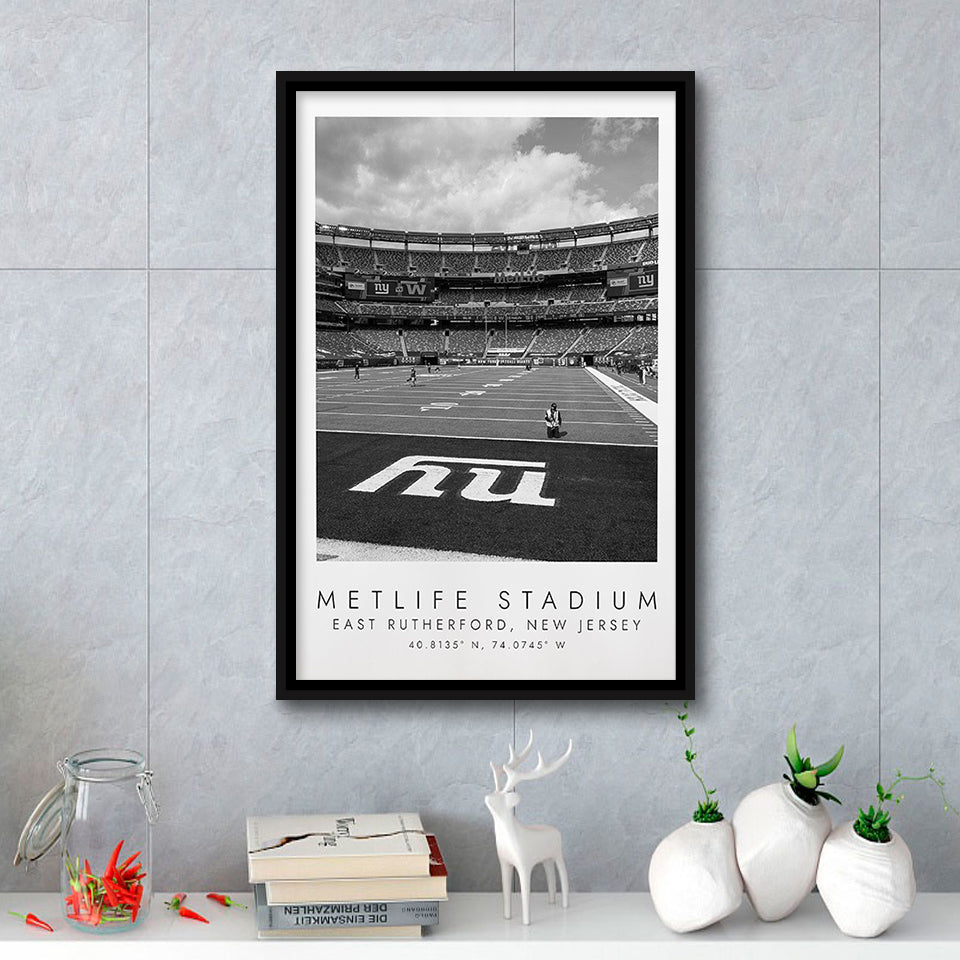 Metlife Stadium New York Giants, Stadium Wall Art For Football Lovers, B&W, Floating Framed Canvas Print