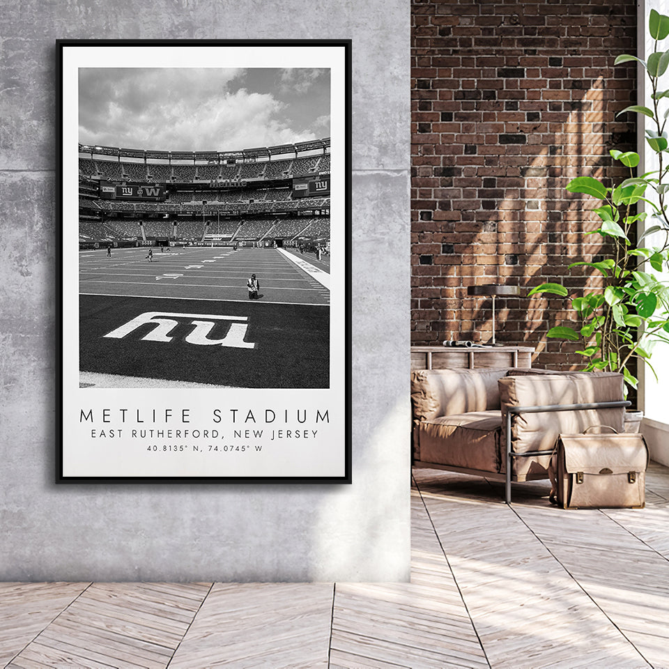 Metlife Stadium New York Giants, Stadium Wall Art For Football Lovers, B&W, Floating Framed Canvas Print