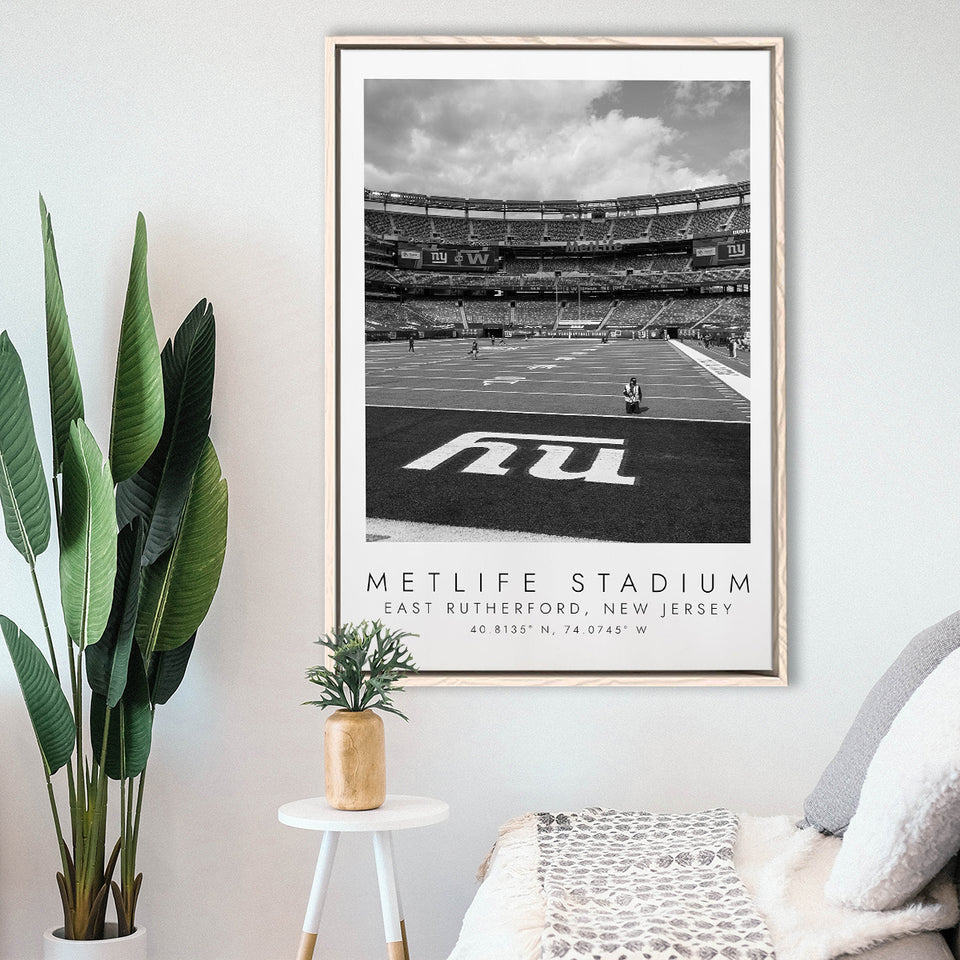 Metlife Stadium New York Giants, Stadium Wall Art For Football Lovers, B&W, Floating Framed Canvas Print