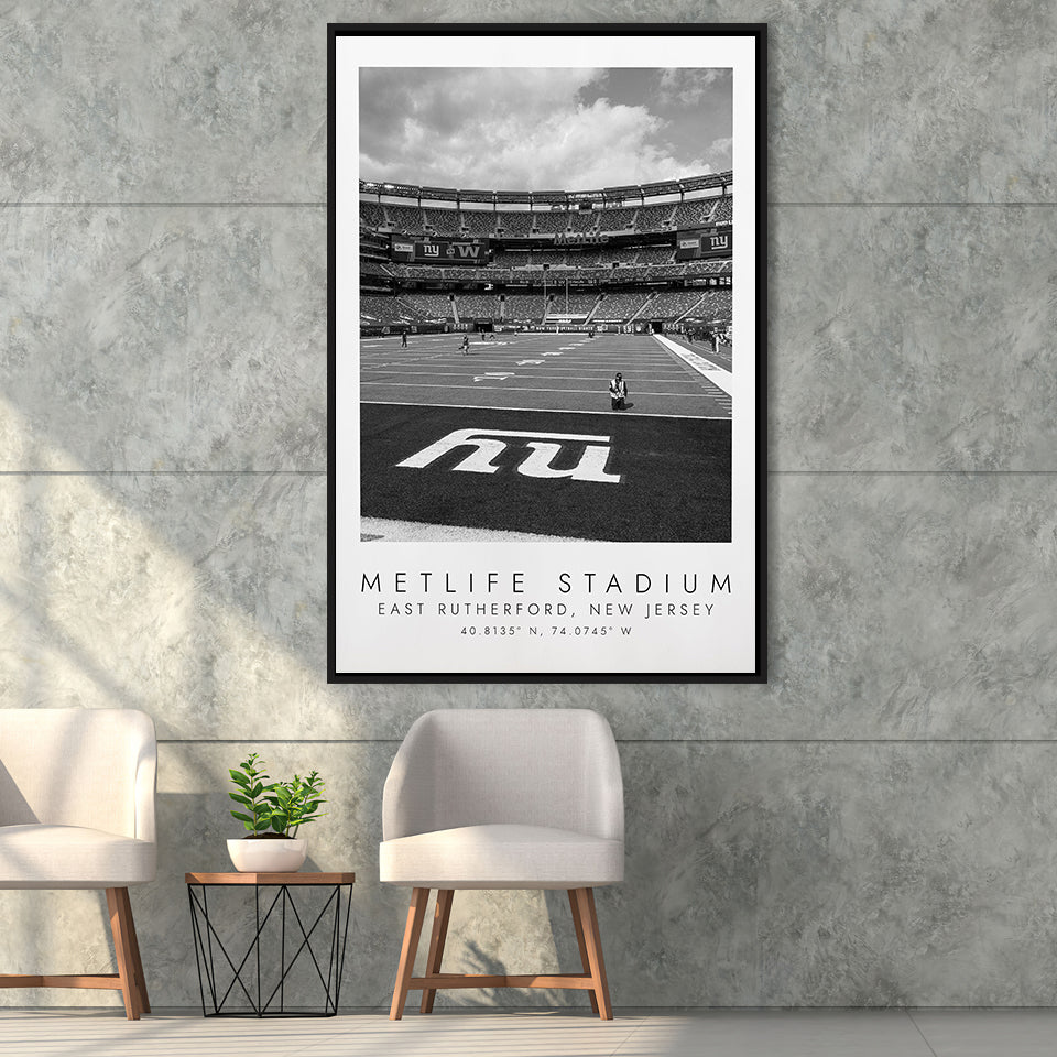 Metlife Stadium New York Giants, Stadium Wall Art For Football Lovers, B&W, Floating Framed Canvas Print