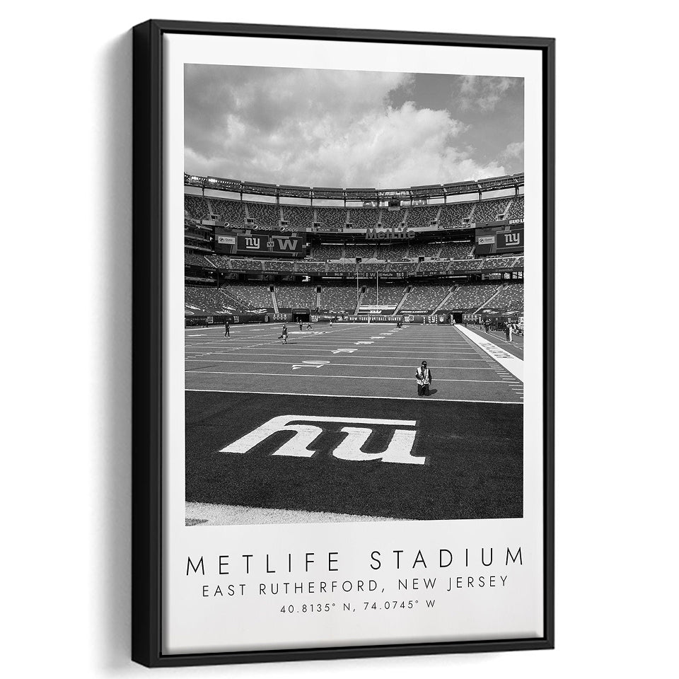 Metlife Stadium New York Giants, Stadium Wall Art For Football Lovers, B&W, Floating Framed Canvas Print