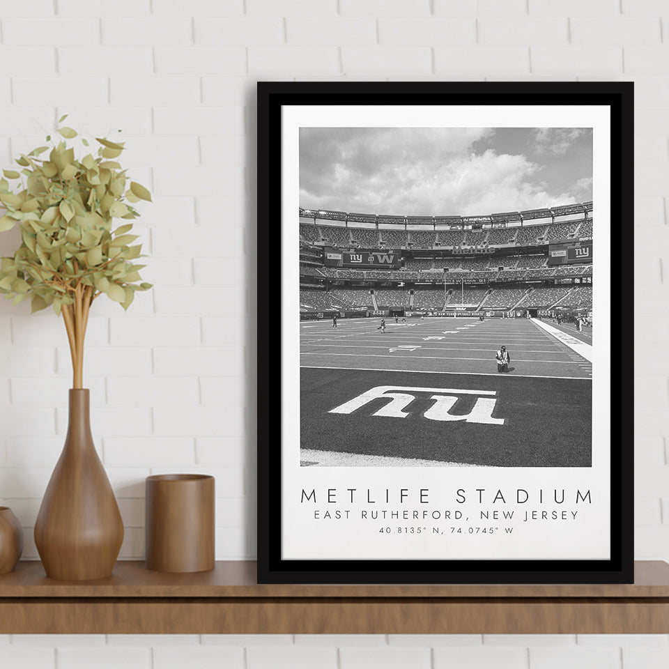 Metlife Stadium New York Giants, Stadium Wall Art For Football Lovers, B&W, Floating Framed Canvas Print