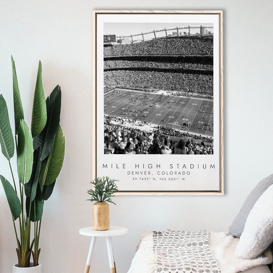 Mile High Stadium Denver Broncos, Stadium Wall Art For Football Lovers, B&W, Floating Framed Canvas Print