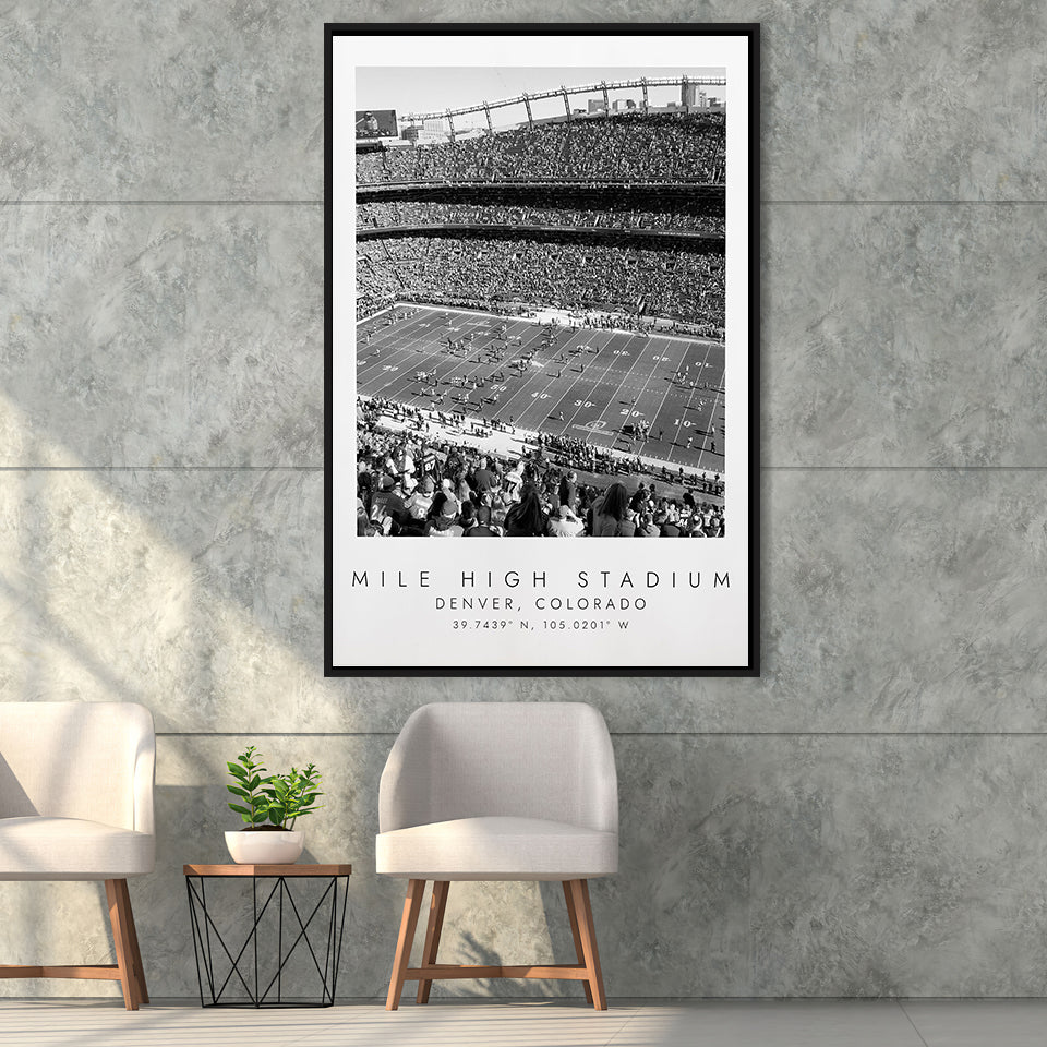 Mile High Stadium Denver Broncos, Stadium Wall Art For Football Lovers, B&W, Floating Framed Canvas Print
