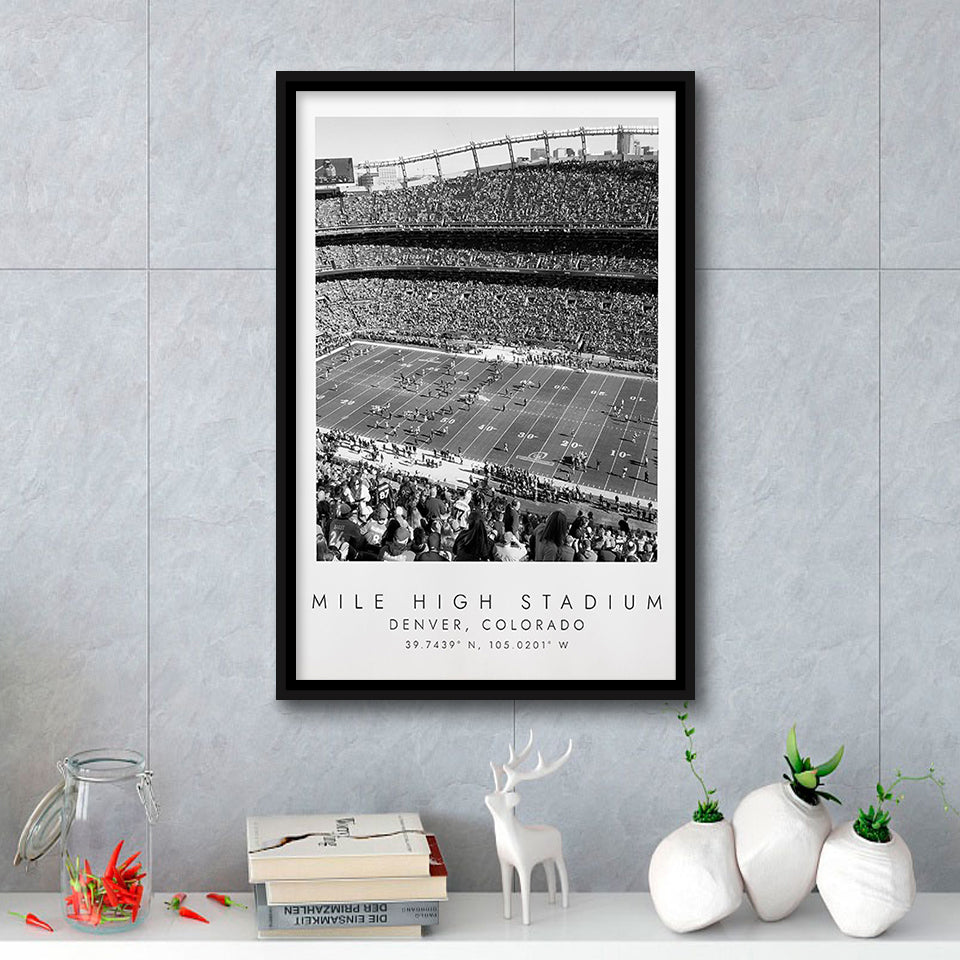 Mile High Stadium Denver Broncos, Stadium Wall Art For Football Lovers, B&W, Floating Framed Canvas Print