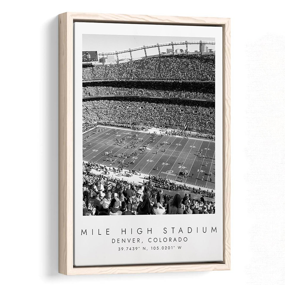 Mile High Stadium Denver Broncos, Stadium Wall Art For Football Lovers, B&W, Floating Framed Canvas Print
