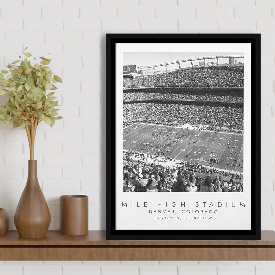 Mile High Stadium Denver Broncos, Stadium Wall Art For Football Lovers, B&W, Floating Framed Canvas Print