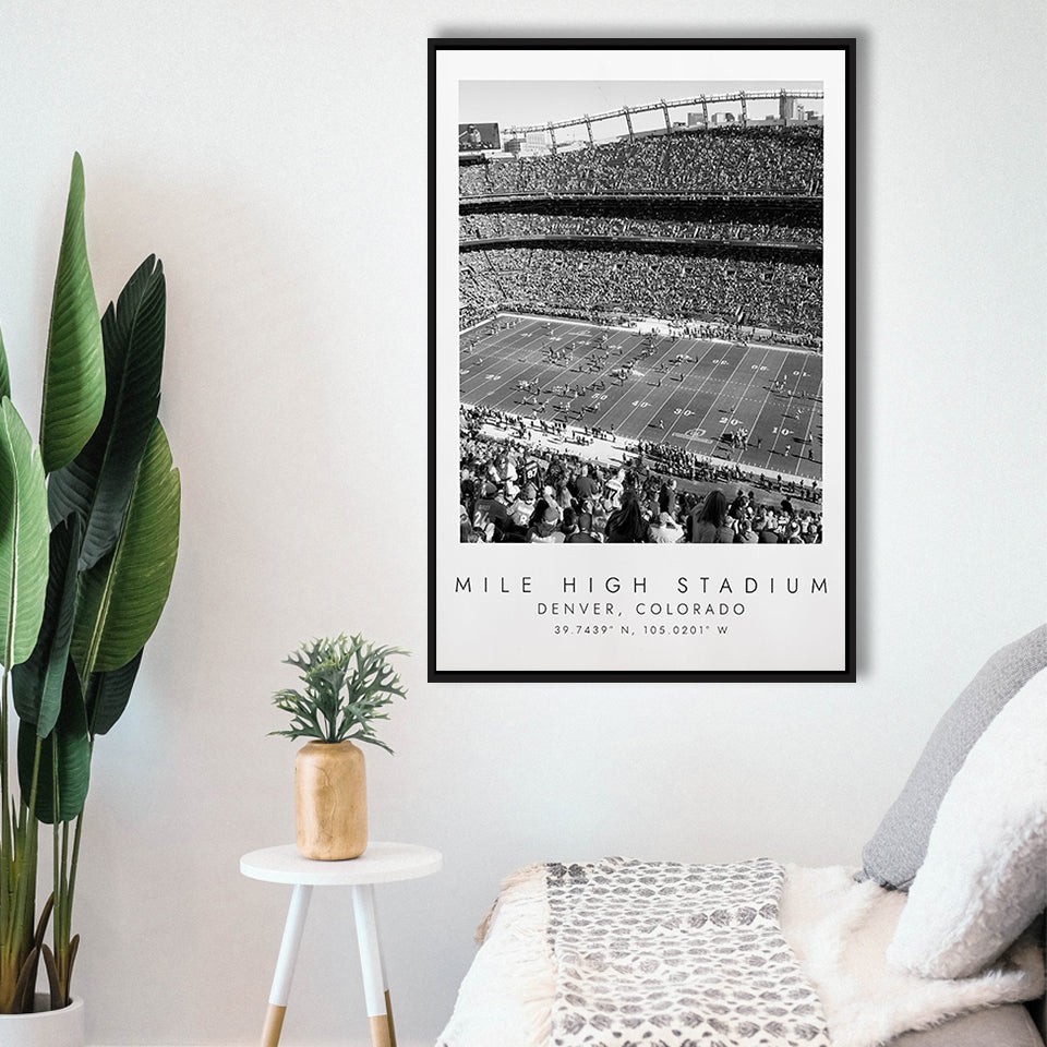 Mile High Stadium Denver Broncos, Stadium Wall Art For Football Lovers, B&W, Floating Framed Canvas Print