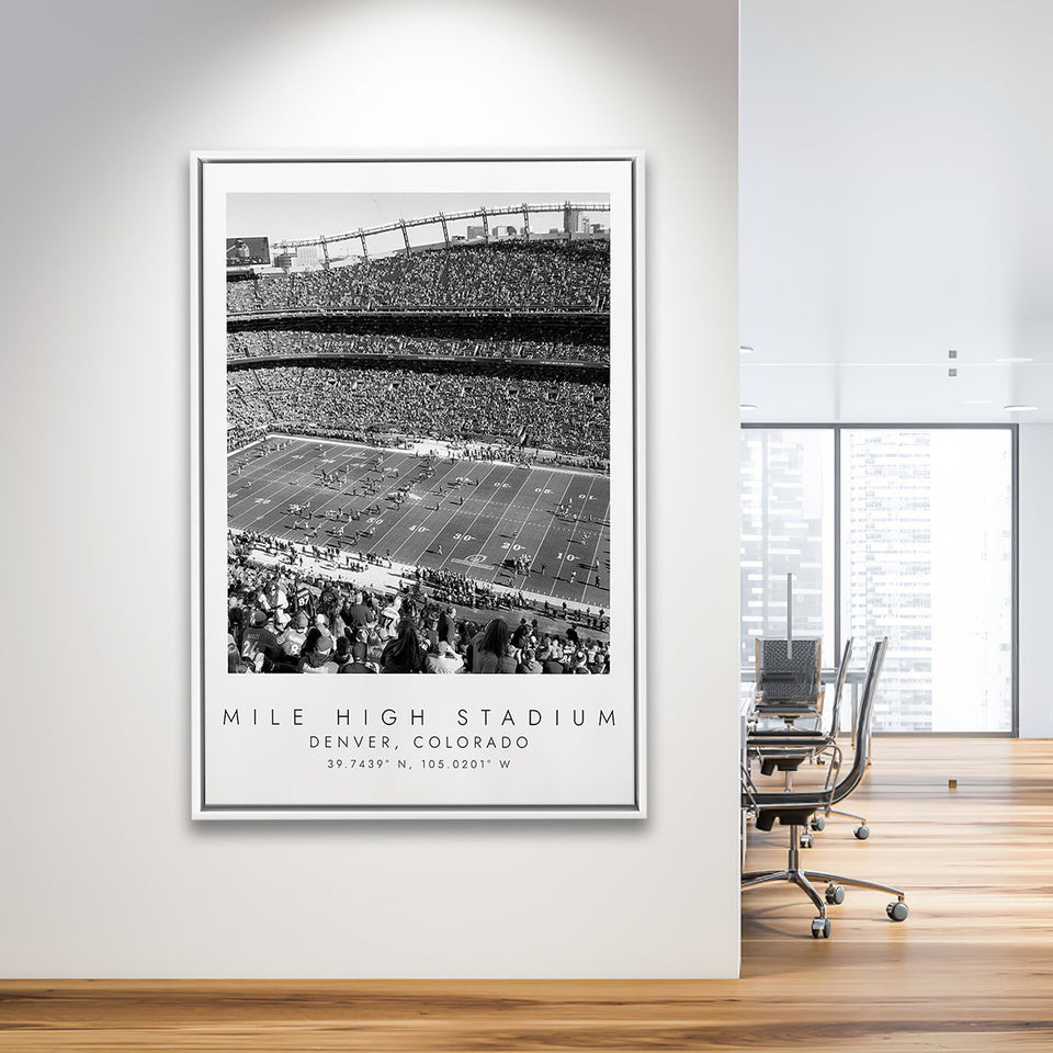 Mile High Stadium Denver Broncos, Stadium Wall Art For Football Lovers, B&W, Floating Framed Canvas Print