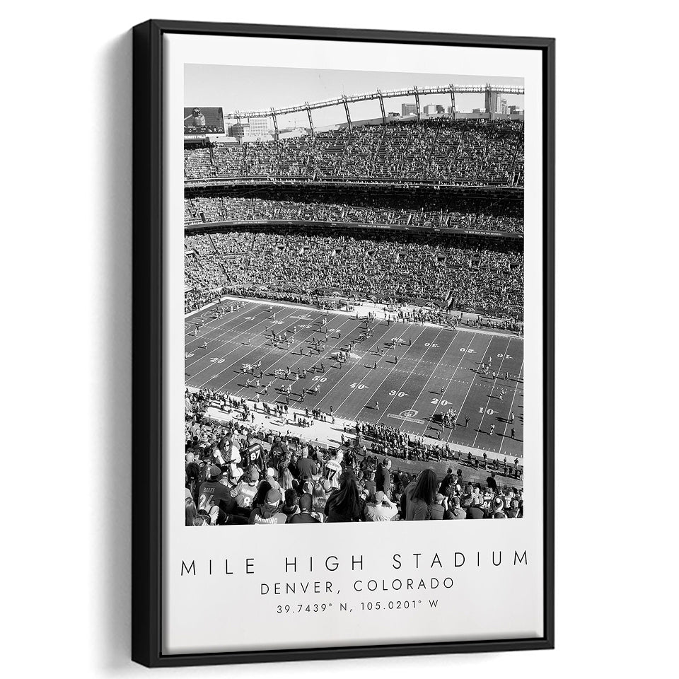 Mile High Stadium Denver Broncos, Stadium Wall Art For Football Lovers, B&W, Floating Framed Canvas Print
