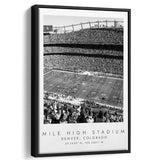 Mile High Stadium Denver Broncos, Stadium Wall Art For Football Lovers, B&W, Floating Framed Canvas Print