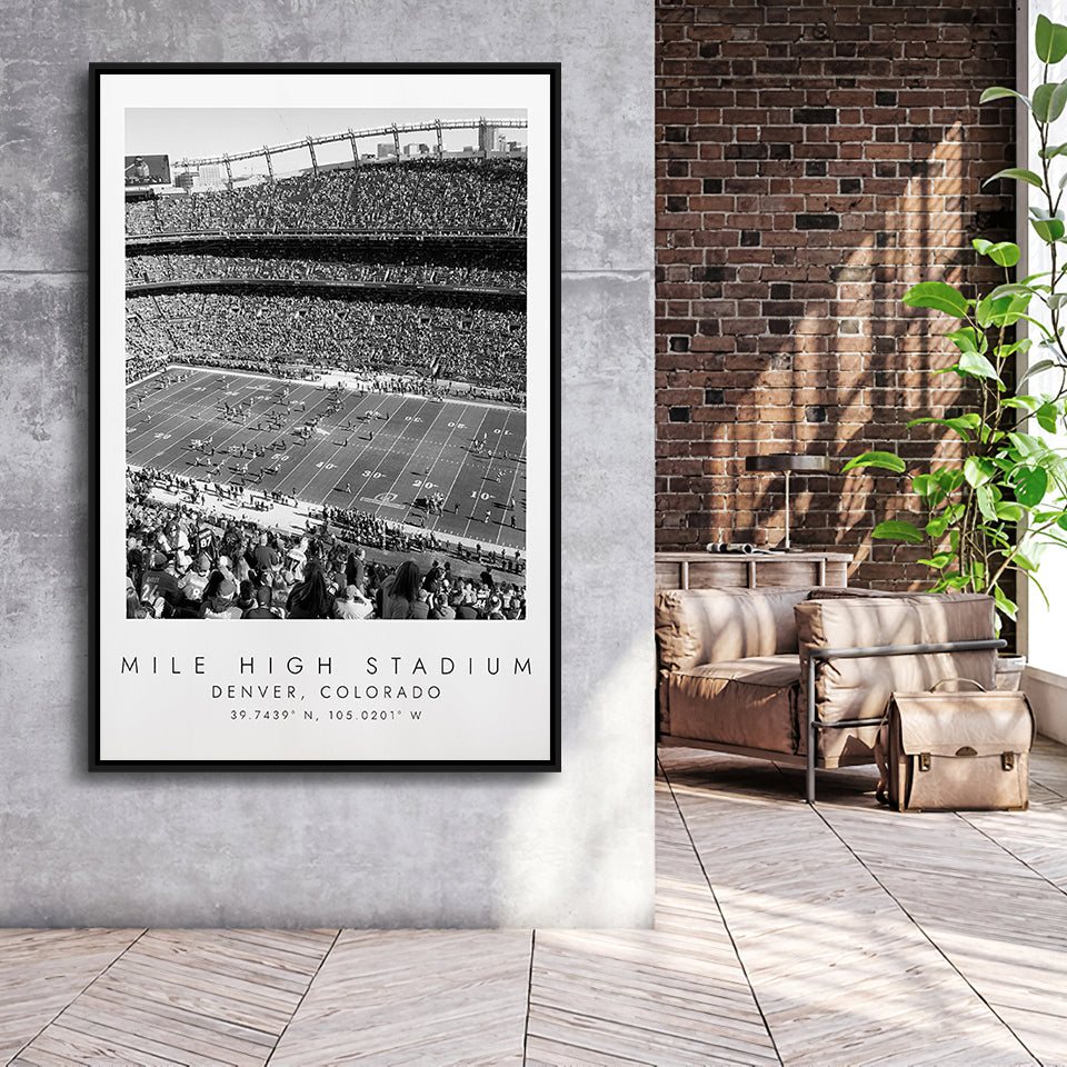 Mile High Stadium Denver Broncos, Stadium Wall Art For Football Lovers, B&W, Floating Framed Canvas Print