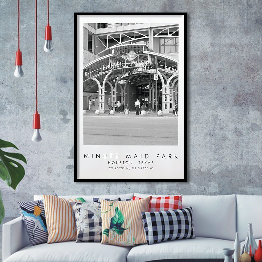 Minute Maid Park Houston Astros, Stadium Print For Baseball Lovers, Black And White, Framed Art Print Wall Decor