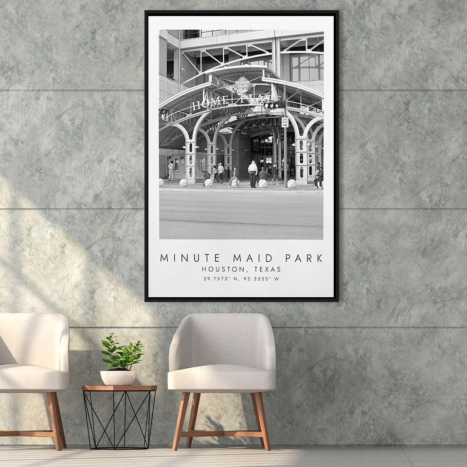 Minute Maid Park Houston Astros, Stadium Wall Art For Baseball Lovers, B&W, Floating Framed Canvas Print