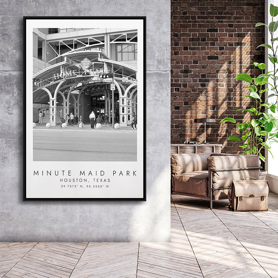 Minute Maid Park Houston Astros, Stadium Wall Art For Baseball Lovers, B&W, Floating Framed Canvas Print