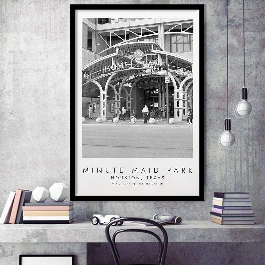 Minute Maid Park Houston Astros, Stadium Print For Baseball Lovers, Black And White, Framed Art Print Wall Decor