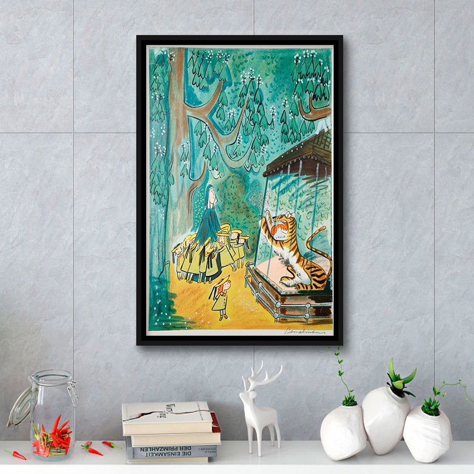Madeline Print At The Zoo By Ludwig Bemelmans Canvas Art Painting,Framed Canvas Prints Wall Art Decor, Floating Frame