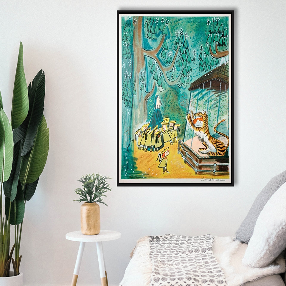 Madeline Print At The Zoo By Ludwig Bemelmans Canvas Art Painting,Framed Canvas Prints Wall Art Decor, Floating Frame