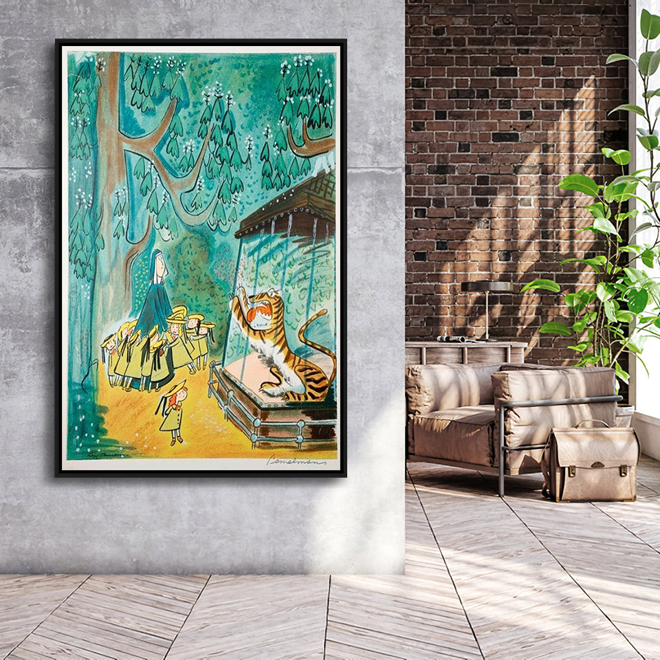 Madeline Print At The Zoo By Ludwig Bemelmans Canvas Art Painting,Framed Canvas Prints Wall Art Decor, Floating Frame