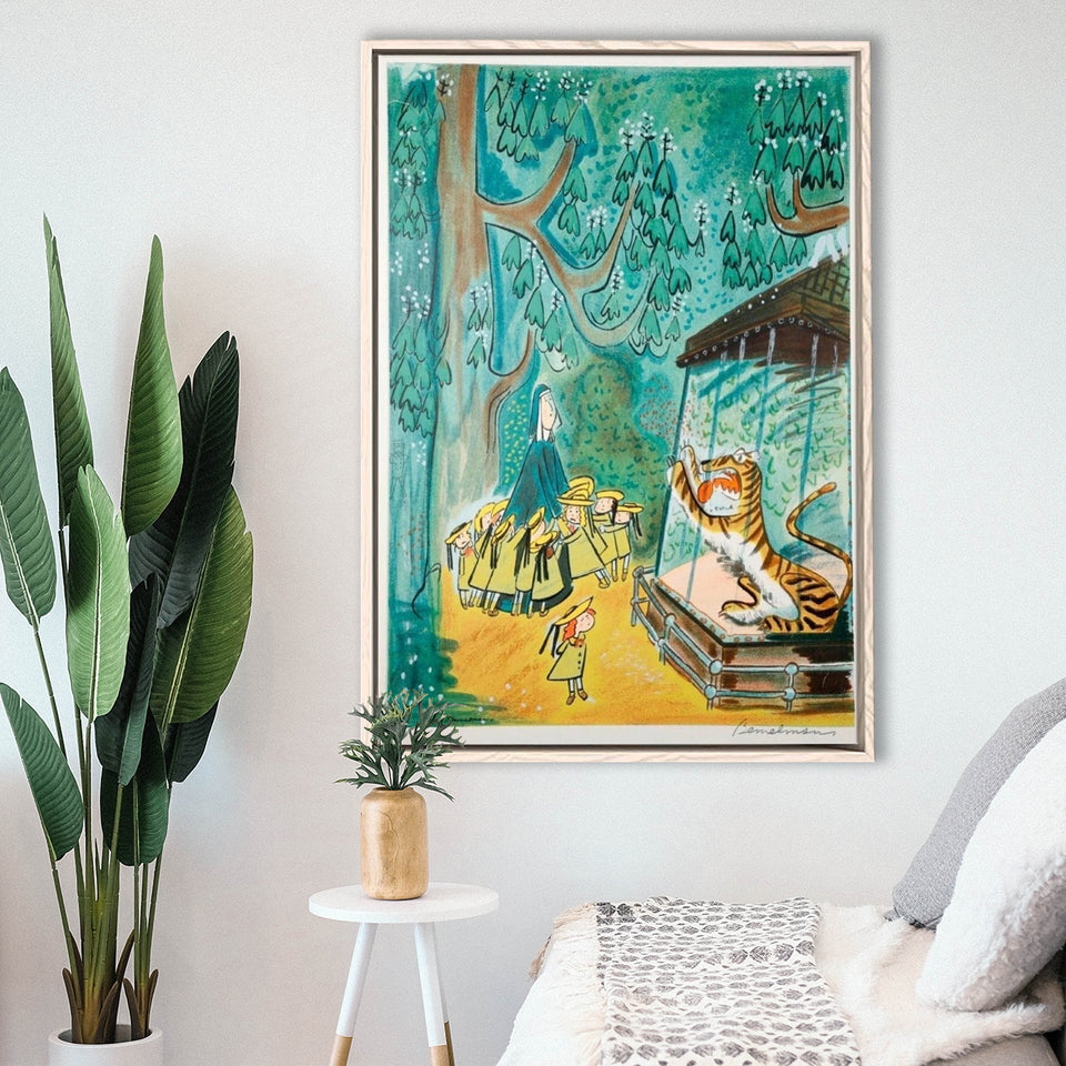 Madeline Print At The Zoo By Ludwig Bemelmans Canvas Art Painting,Framed Canvas Prints Wall Art Decor, Floating Frame