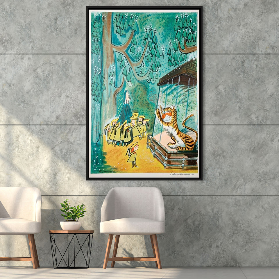 Madeline Print At The Zoo By Ludwig Bemelmans Canvas Art Painting,Framed Canvas Prints Wall Art Decor, Floating Frame