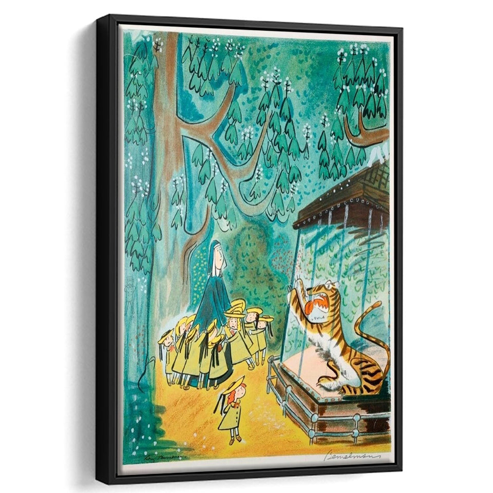 Madeline Print At The Zoo By Ludwig Bemelmans Canvas Art Painting,Framed Canvas Prints Wall Art Decor, Floating Frame