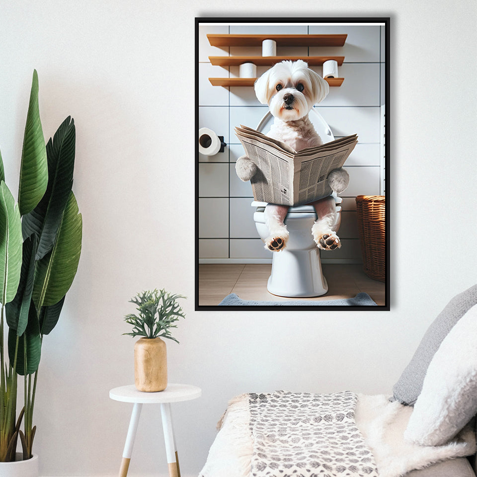 Maltese Terrier Framed Canvas Prints Wall Art, Funny Bathroom Decor, Terrier In Toilet