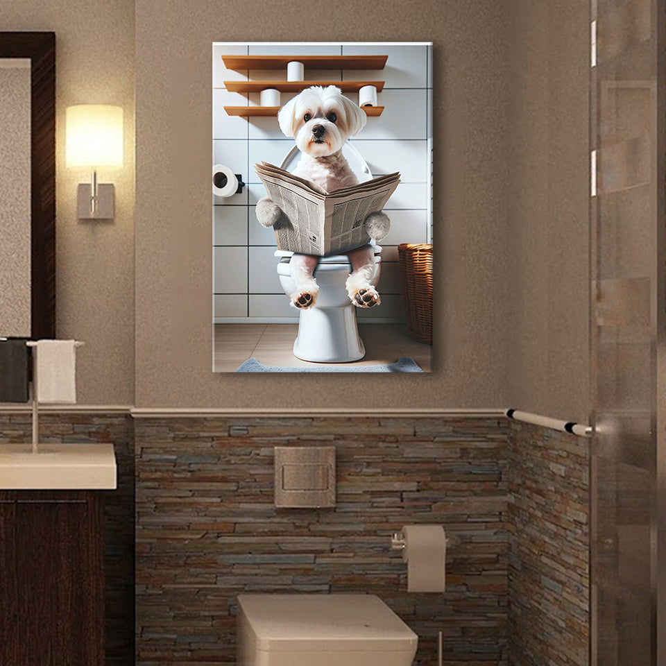 Maltese Terrier Canvas Prints Wall Art, Funny Bathroom Decor, Terrier in Toilet