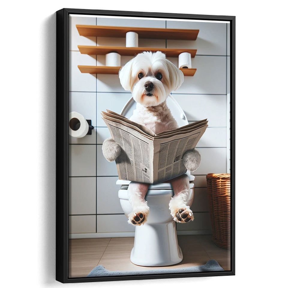 Maltese Terrier Framed Canvas Prints Wall Art, Funny Bathroom Decor, Terrier In Toilet