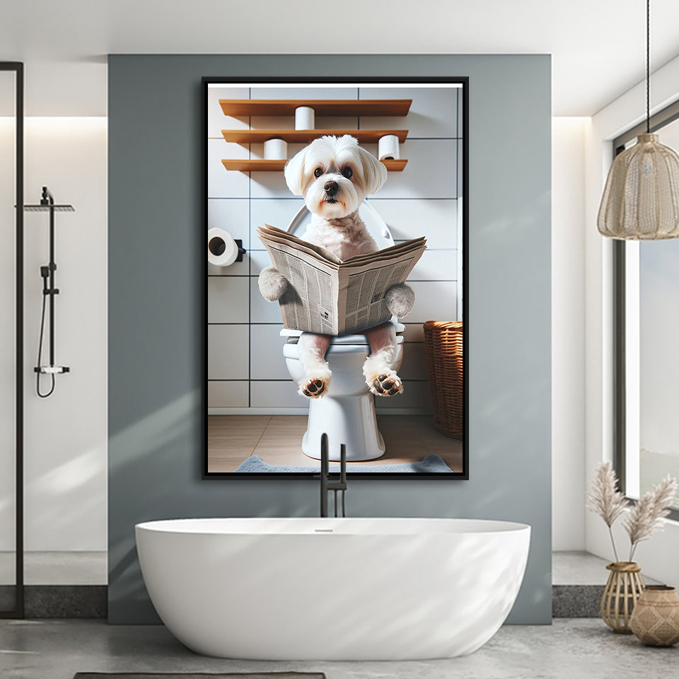 Maltese Terrier Framed Canvas Prints Wall Art, Funny Bathroom Decor, Terrier In Toilet