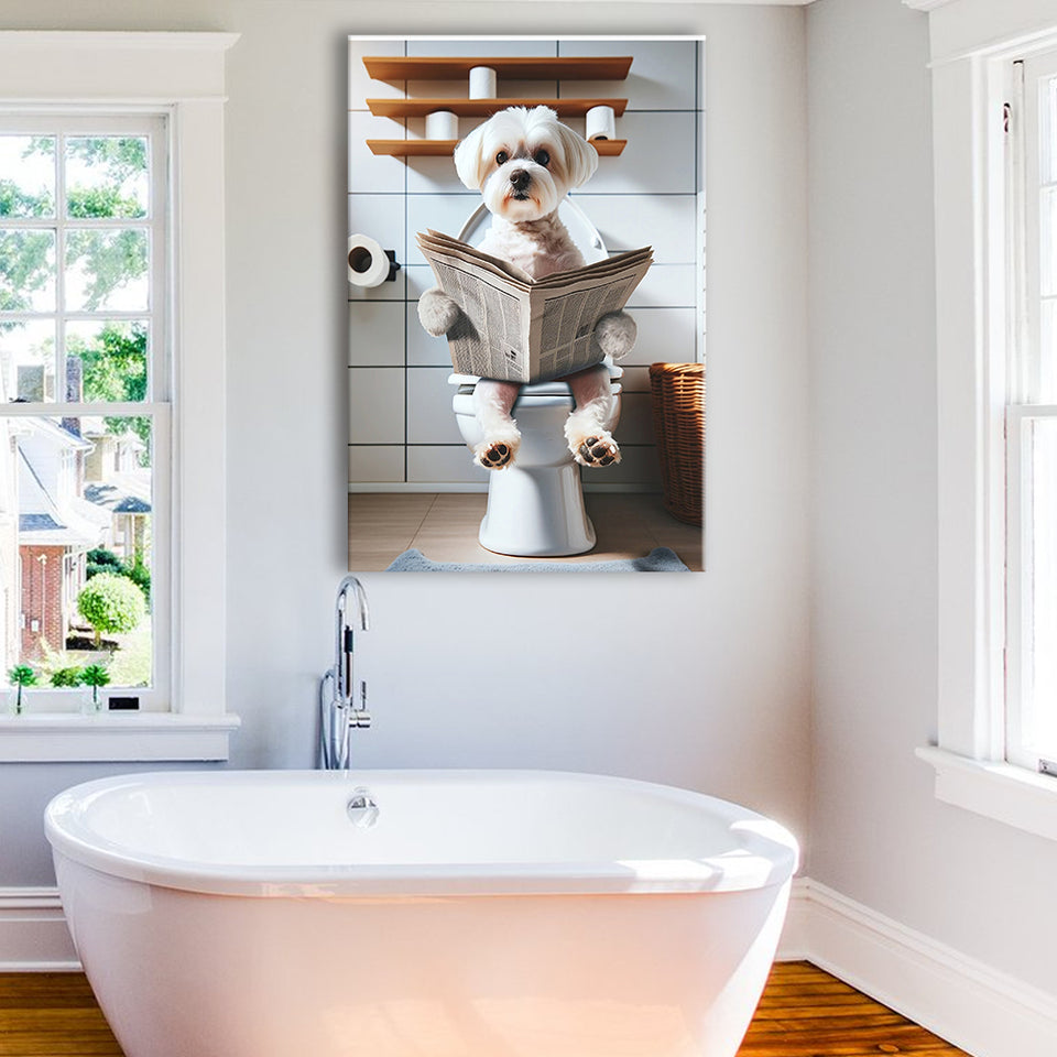 Maltese Terrier Canvas Prints Wall Art, Funny Bathroom Decor, Terrier in Toilet