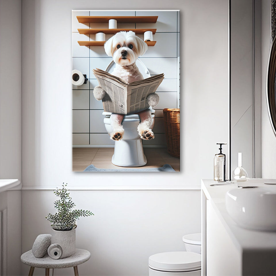 Maltese Terrier Canvas Prints Wall Art, Funny Bathroom Decor, Terrier in Toilet