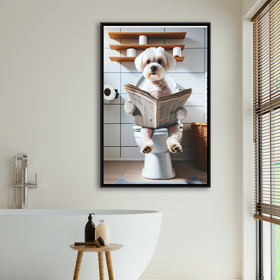 Maltese Terrier Framed Canvas Prints Wall Art, Funny Bathroom Decor, Terrier In Toilet