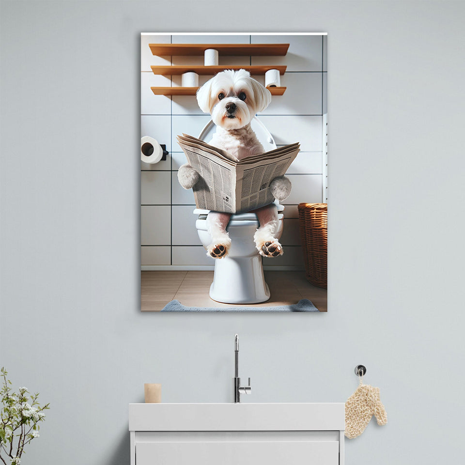Maltese Terrier Canvas Prints Wall Art, Funny Bathroom Decor, Terrier in Toilet