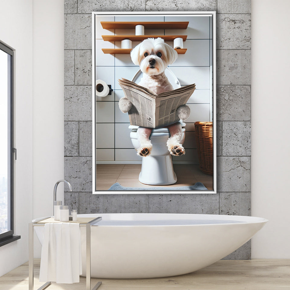 Maltese Terrier Framed Canvas Prints Wall Art, Funny Bathroom Decor, Terrier In Toilet