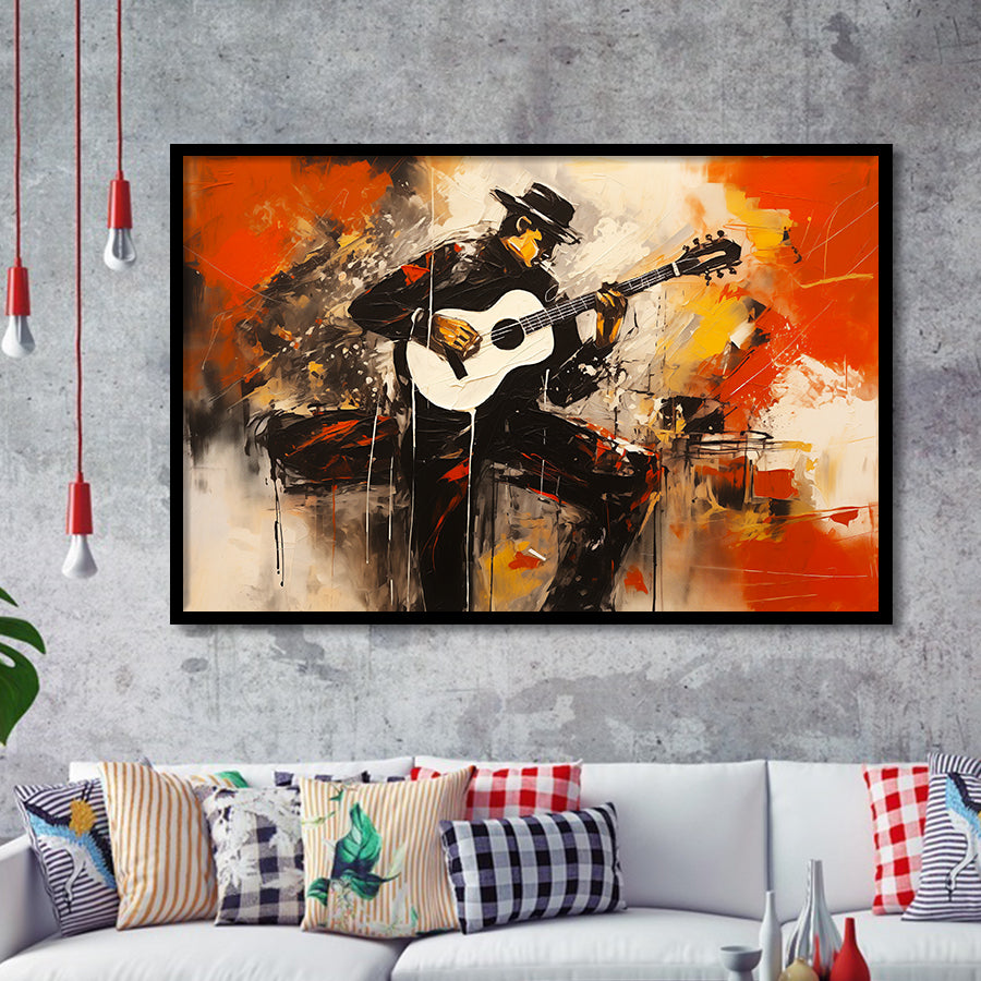 Man Playing Guita, Abstract Art, Oil Painting, Framed Art Print Wall Decor, Framed Picture