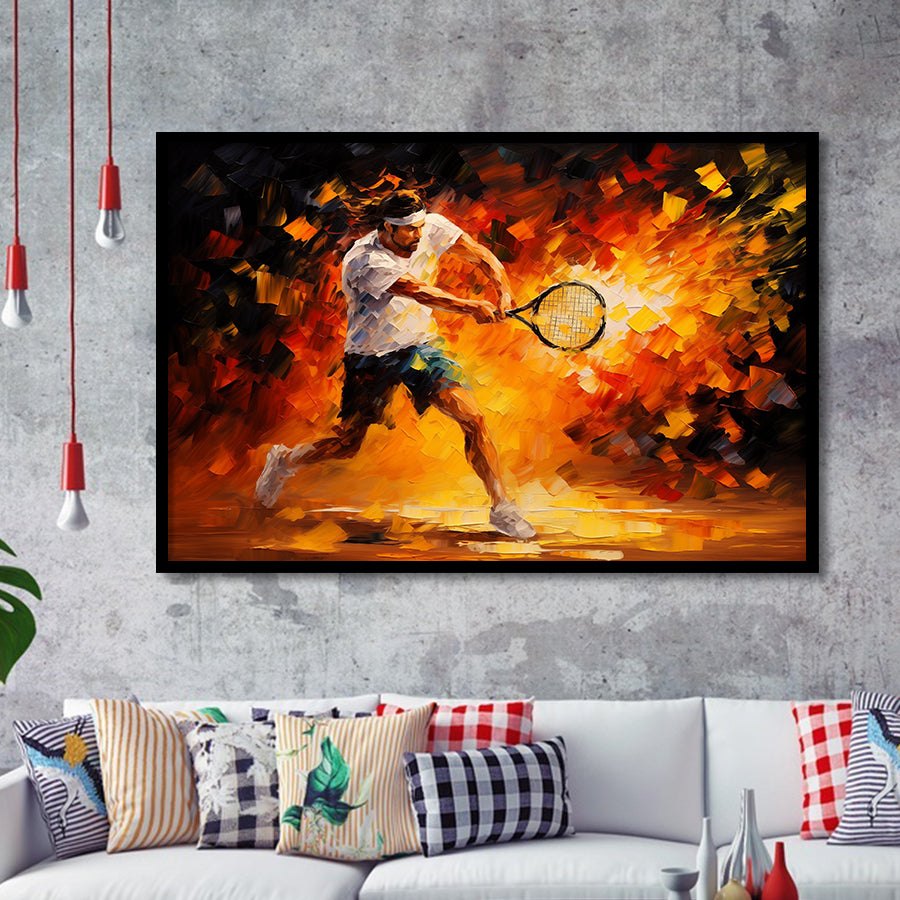 Man Playing Tennis Art Oil Painting, Framed Art Print Wall Decor, Framed Picture