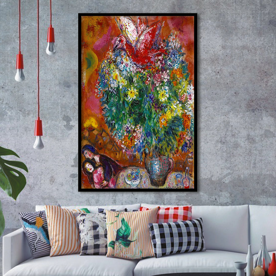 Marc Chagall Flowers And Lovers (1960) Art Painting Exhibition,Framed Art Prints Wall Decor, Picture Framed