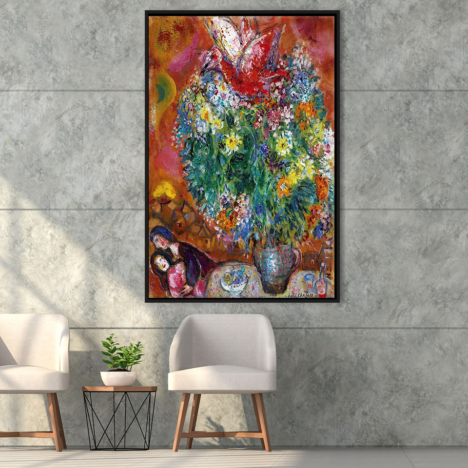 Marc Chagall Flowers And Lovers (1960) Canvas Art Painting Exhibition,Framed Canvas Prints Wall Art Decor, Floating Frame